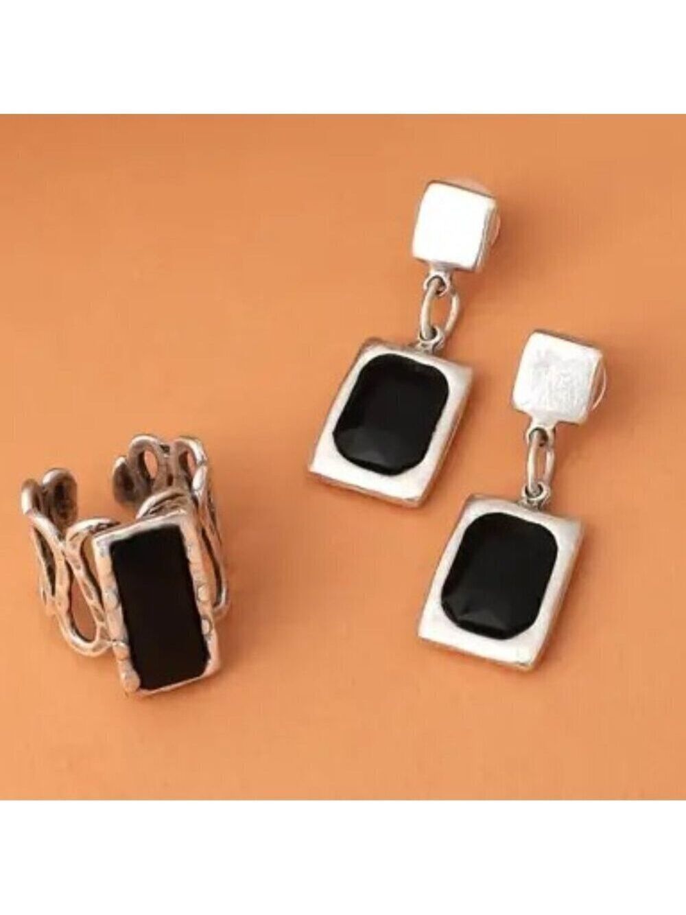 Silver Plated Jewelry Set with Black Baugette Stone Adjustable